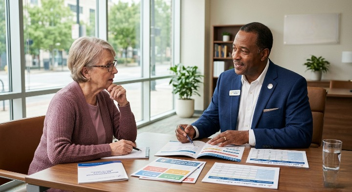 Medicare agent showing tablet to senior couple